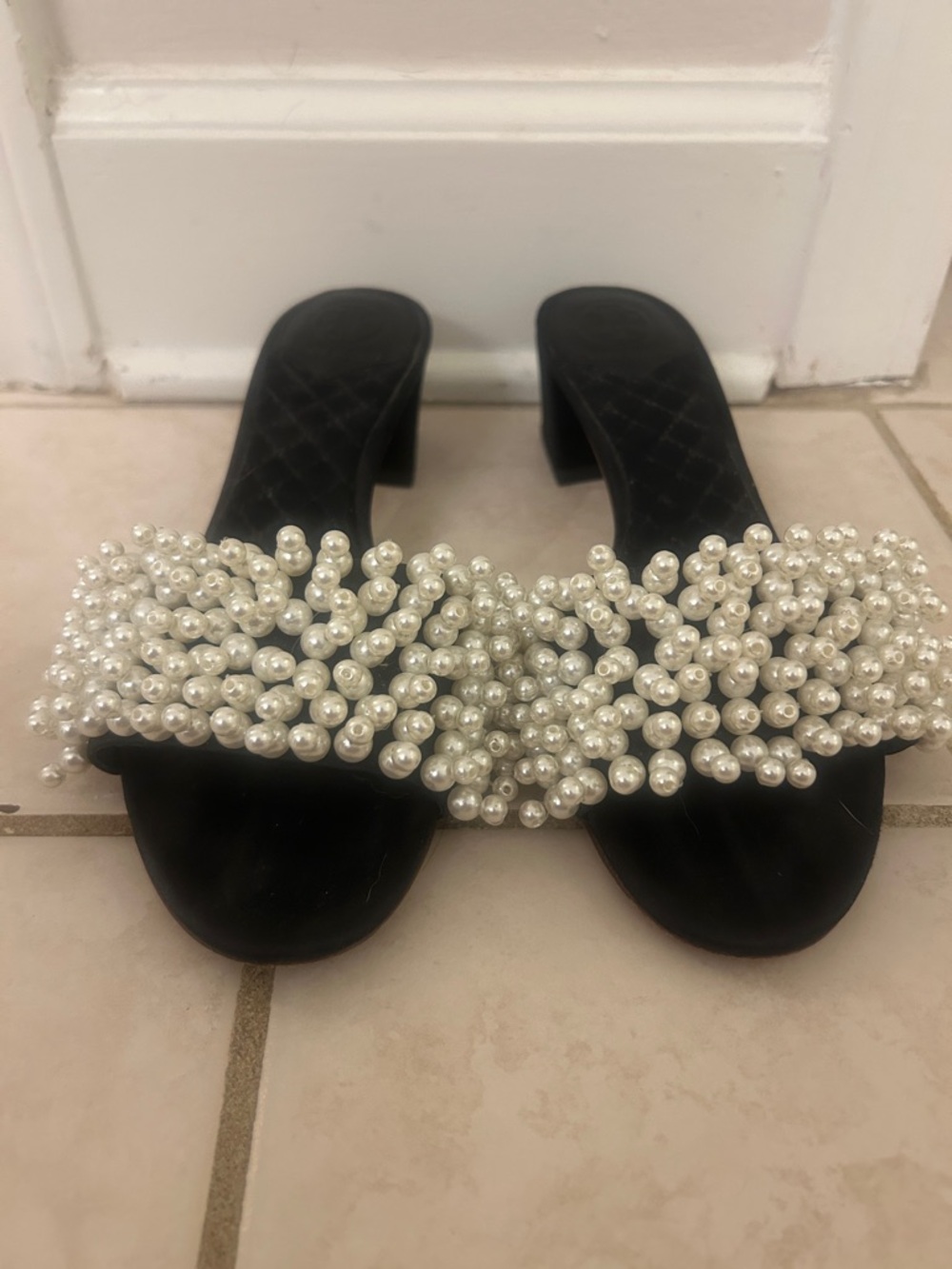 Tory Burch Tatiana Black Pearl-Embellished Slide Mules